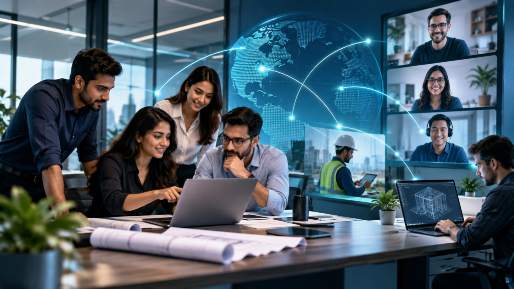 Hybrid workforce model combining in-office, remote, and specialized professionals