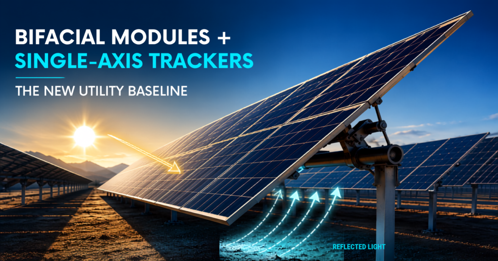 Bifacial solar panels with single-axis trackers in a utility-scale solar farm