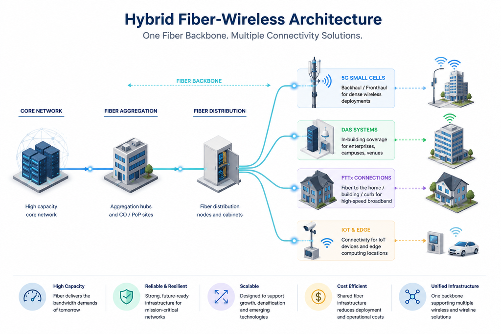 Hybrid fiber-wireless architecture enables a shared fiber backbone to support FTTx, 5G small cells, DAS, IoT, and edge connectivity.
